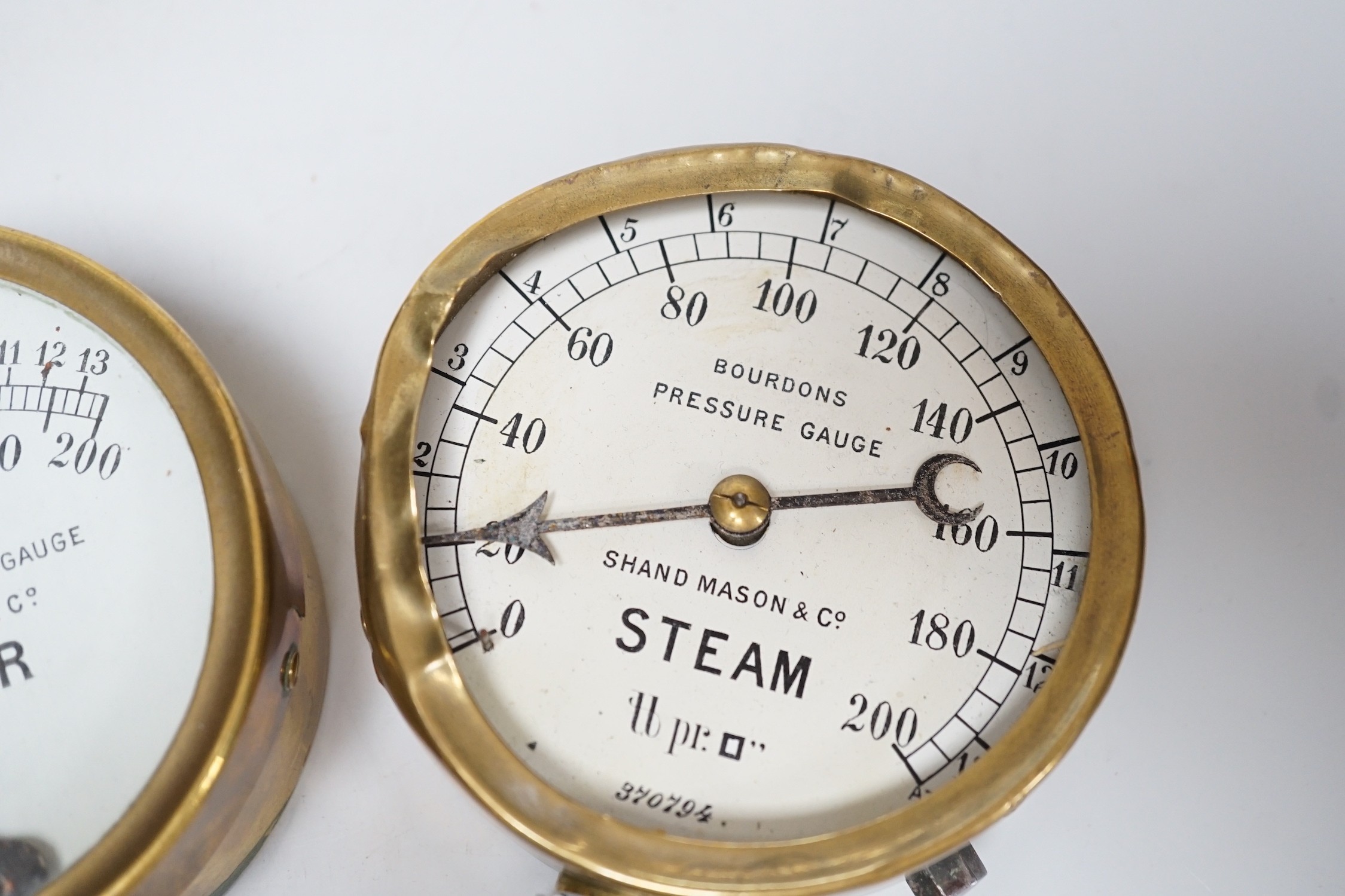 Two Shand Mason & Co pressure gauges, 10cm diam. (one a.f.)